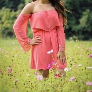 PRICE DROP!! Flirty off the shoulder coral dress.
