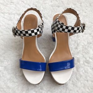 Blue and Check Strap Flat Form Heels