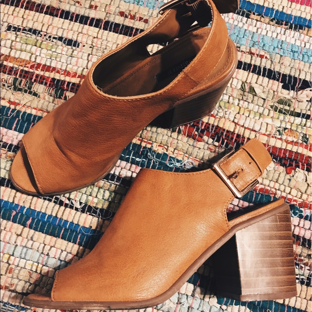 Brown Peep Toe Angle Strap Heels