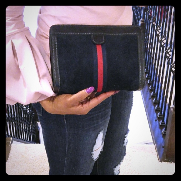 Gucci Handbags - Navy Blue Authentic Suede Gucci Clutch Handbag