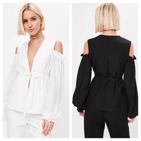 Off White Ruffle Cold Shoulder Tie Front Top D40 - Picture 6 of 6