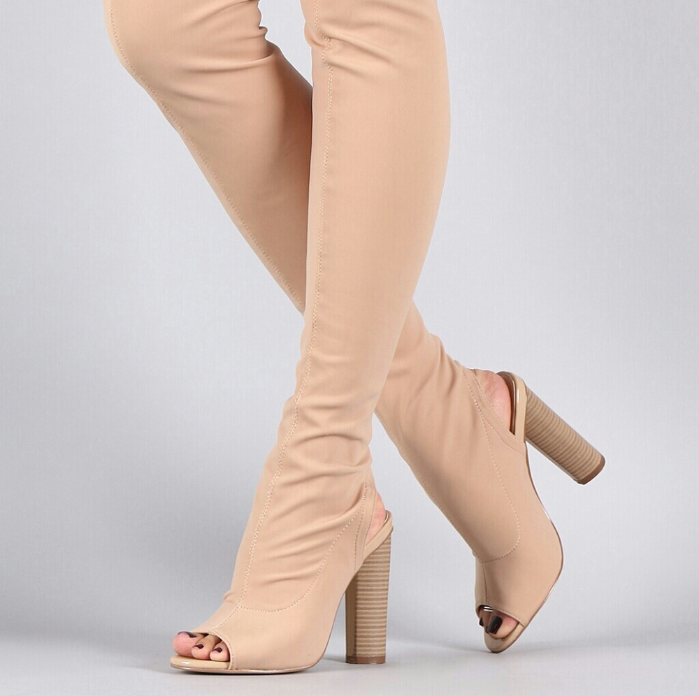 Nude Thigh high peep toe boots