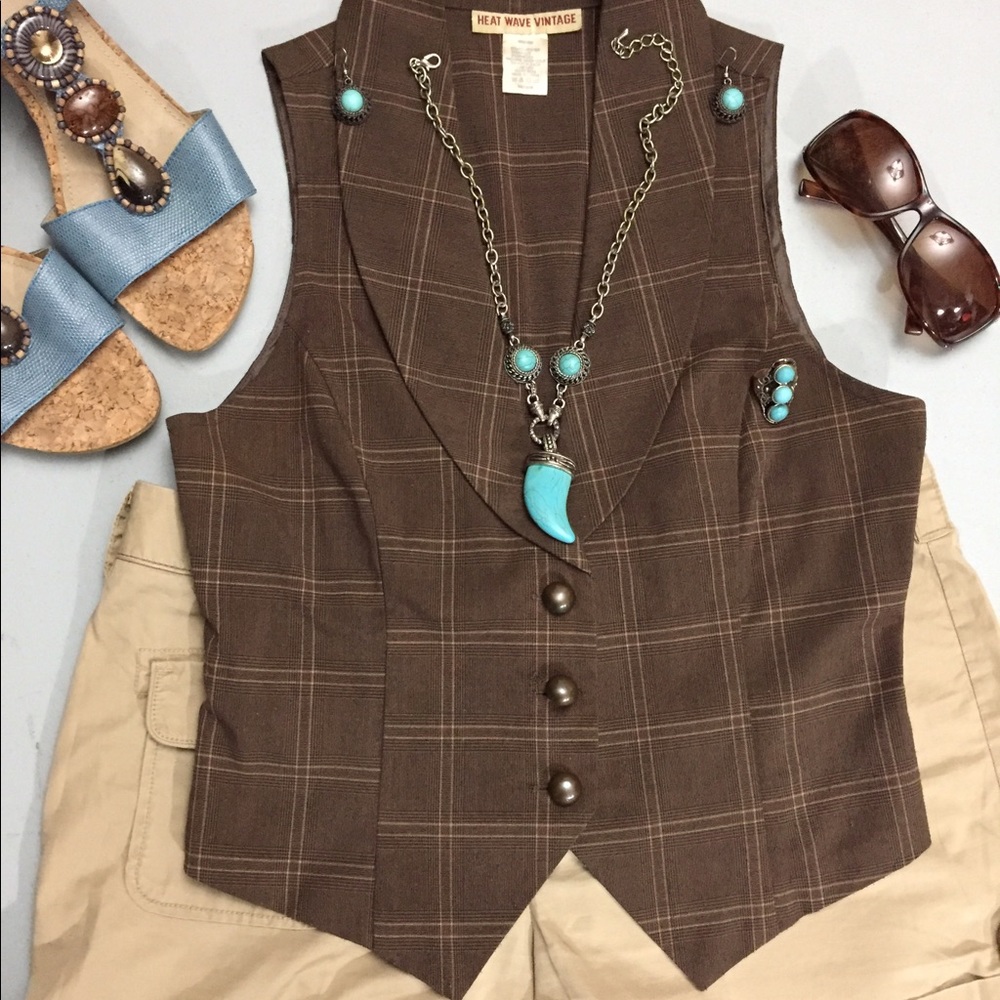 Brown collared plaid vest w/ brass like buttons