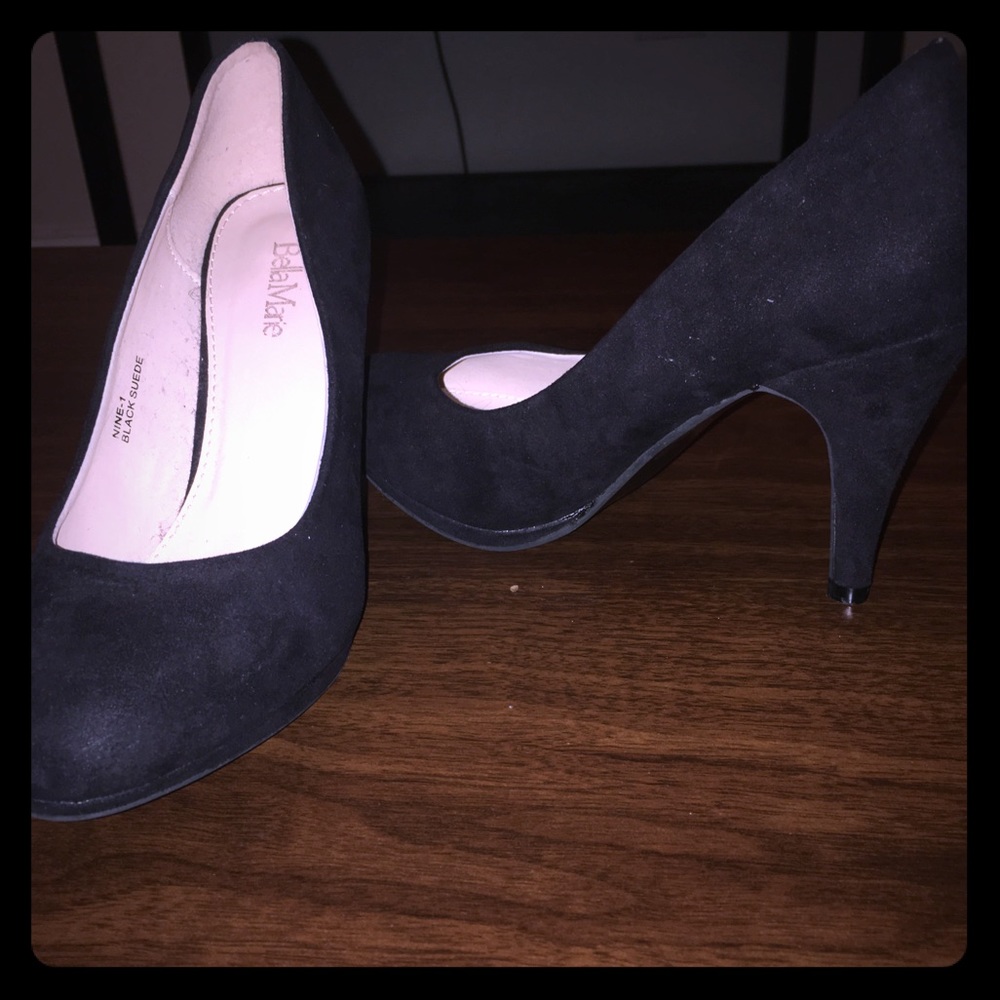 Black suede 3-inch high heels.