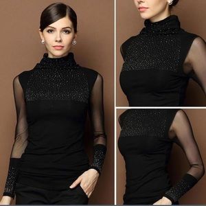 Black bedazzled top with mesh sleeves