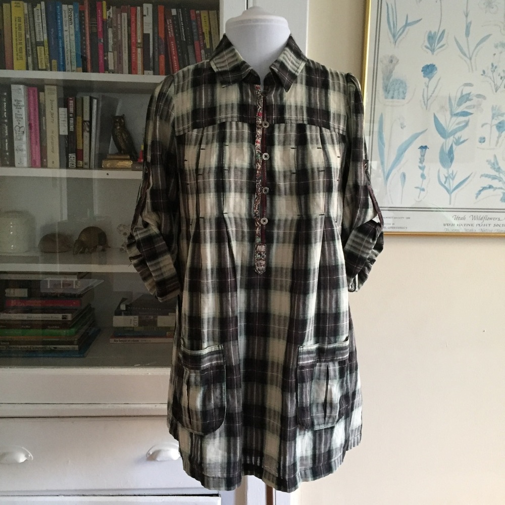 {Free People} Popover Flannel Embroidered Top