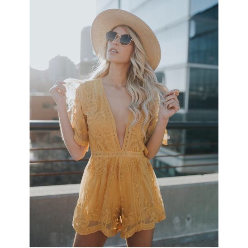 Chloe Yellow Embroidered Lace Romper