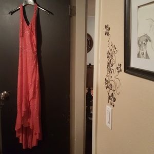 Jody California Salmon colored formal halter dress