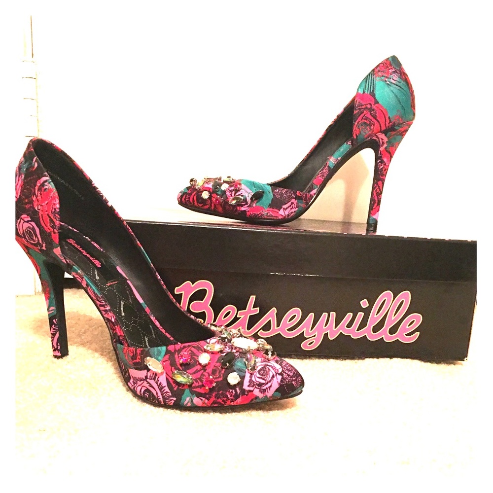 Betsey Johnson rose print jeweled heels