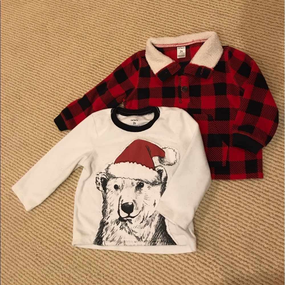 Bundle: buffalo plaid & Santa bear fleece - 2T