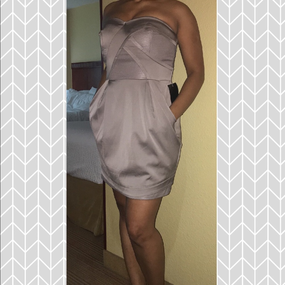 BEBE Grey Strapless Fitted Sheath Dress W Size 6🖤