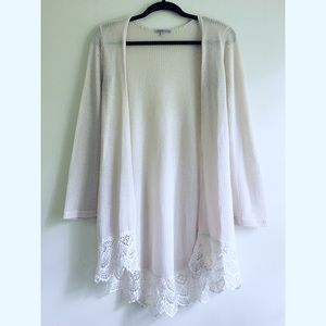 Open knit lace trim cardigan