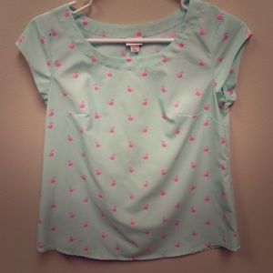 Darling Mint Green Blouse with Flamingo Pattern!