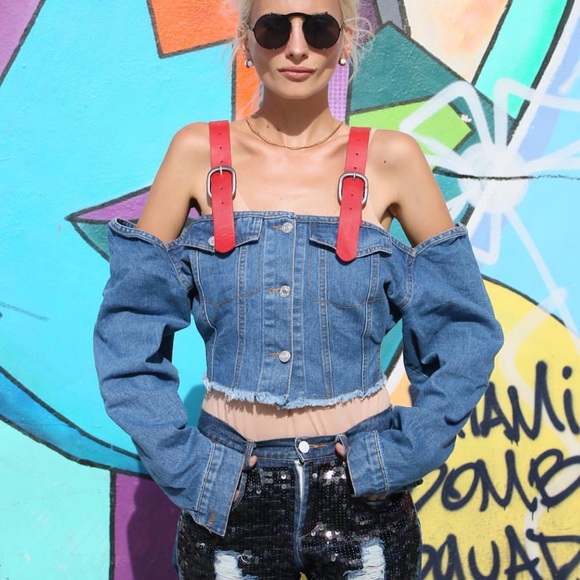 open shoulder denim jacket