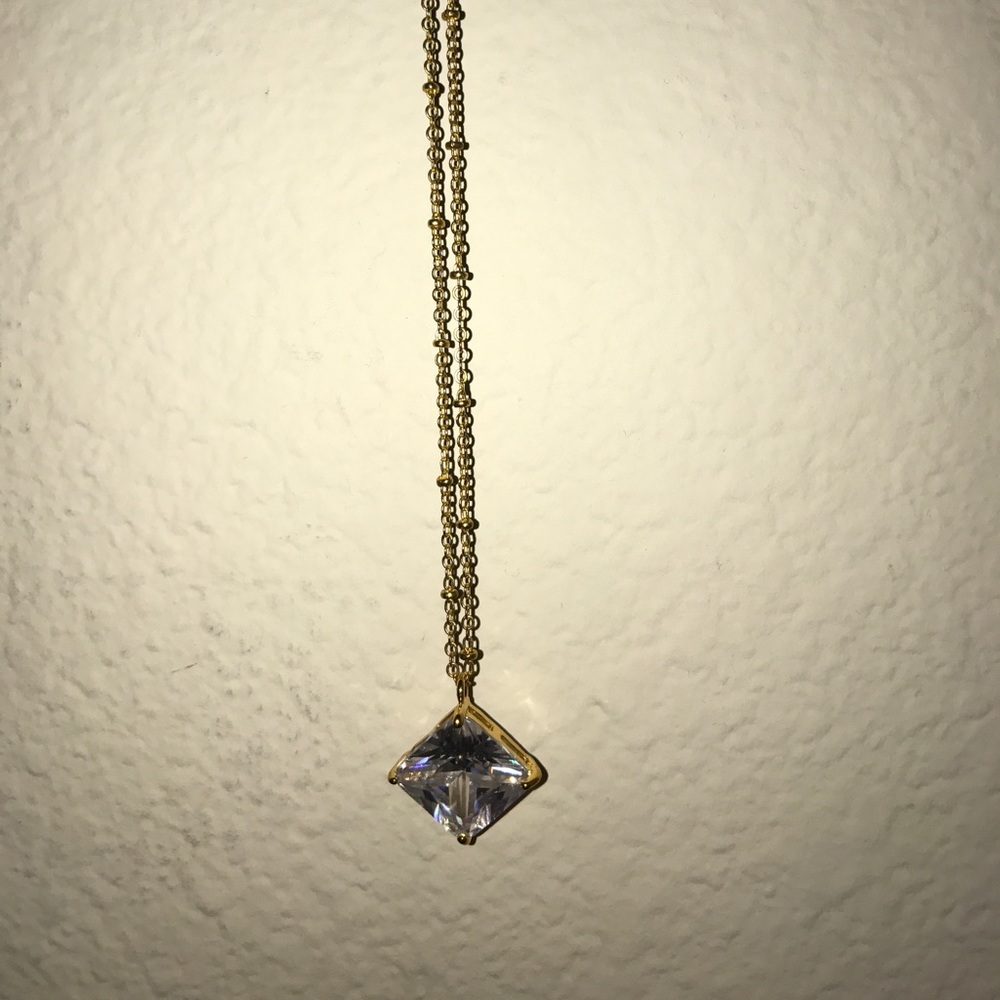 Simple long gold necklace w crystal stud