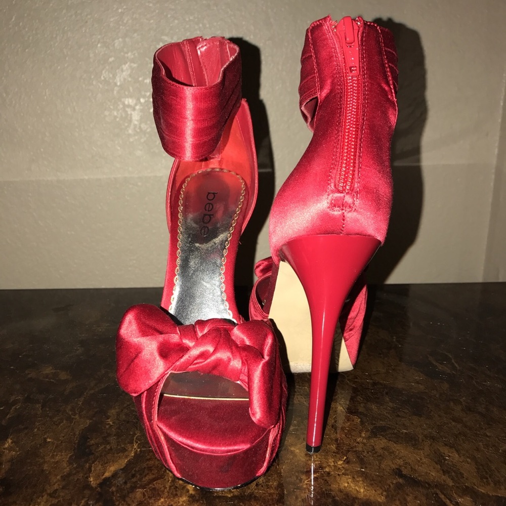 bebe Satin Red Bowed Platform Heel