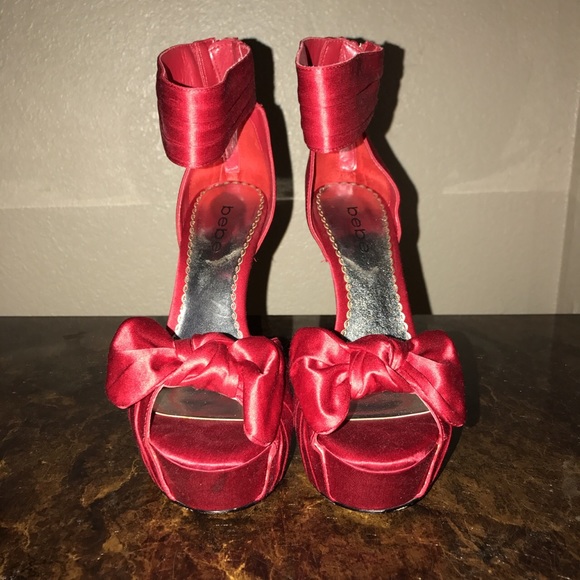 bebe Satin Red Bowed Platform Heel - Picture 2 of 4