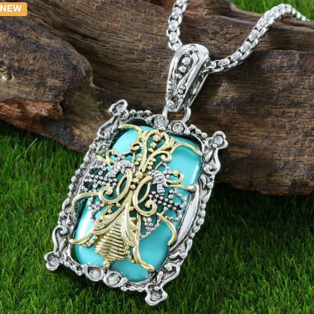 18k White & Yellow Gold Layered Turquoise Necklace. New!