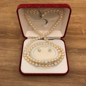 Silver & Pearl Necklace, Bracelet, Earrings Set