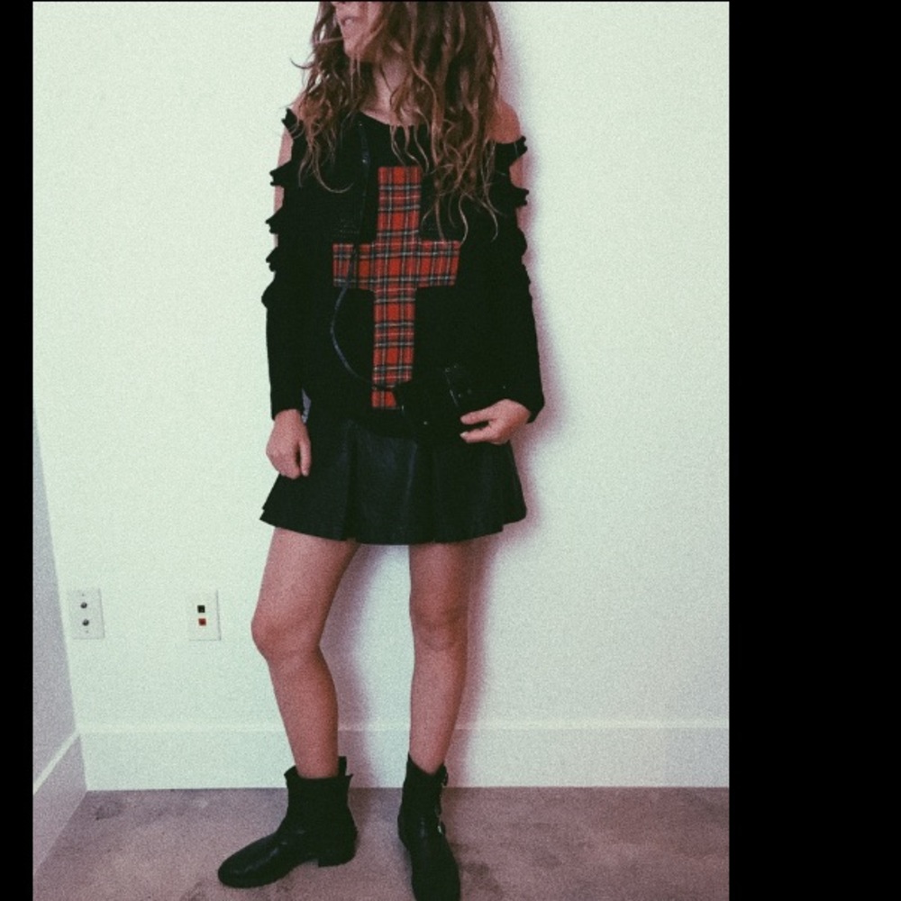 Plaid Cross Distressed Sweater