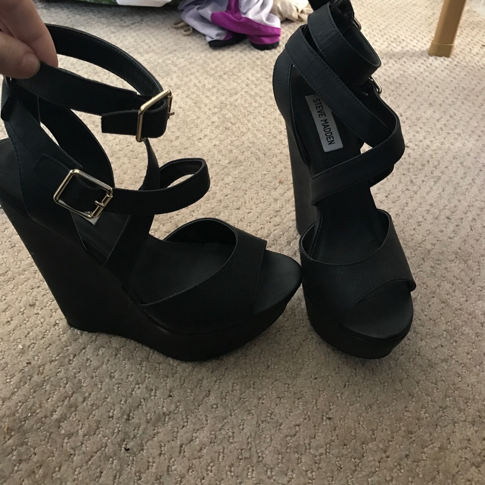 Brand new Steve Madden Black ankle strap wedges