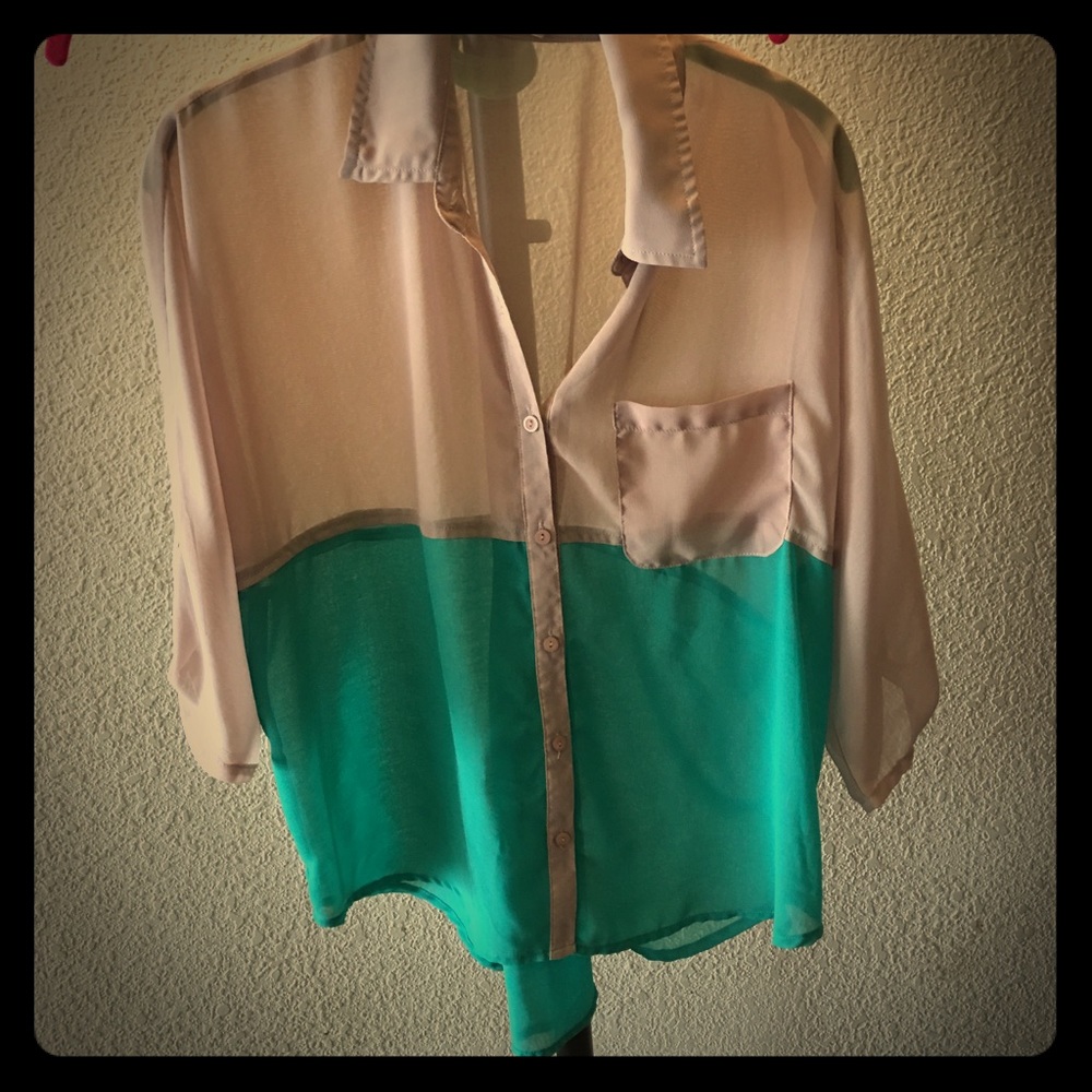 flowy sheer color block button up blouse
