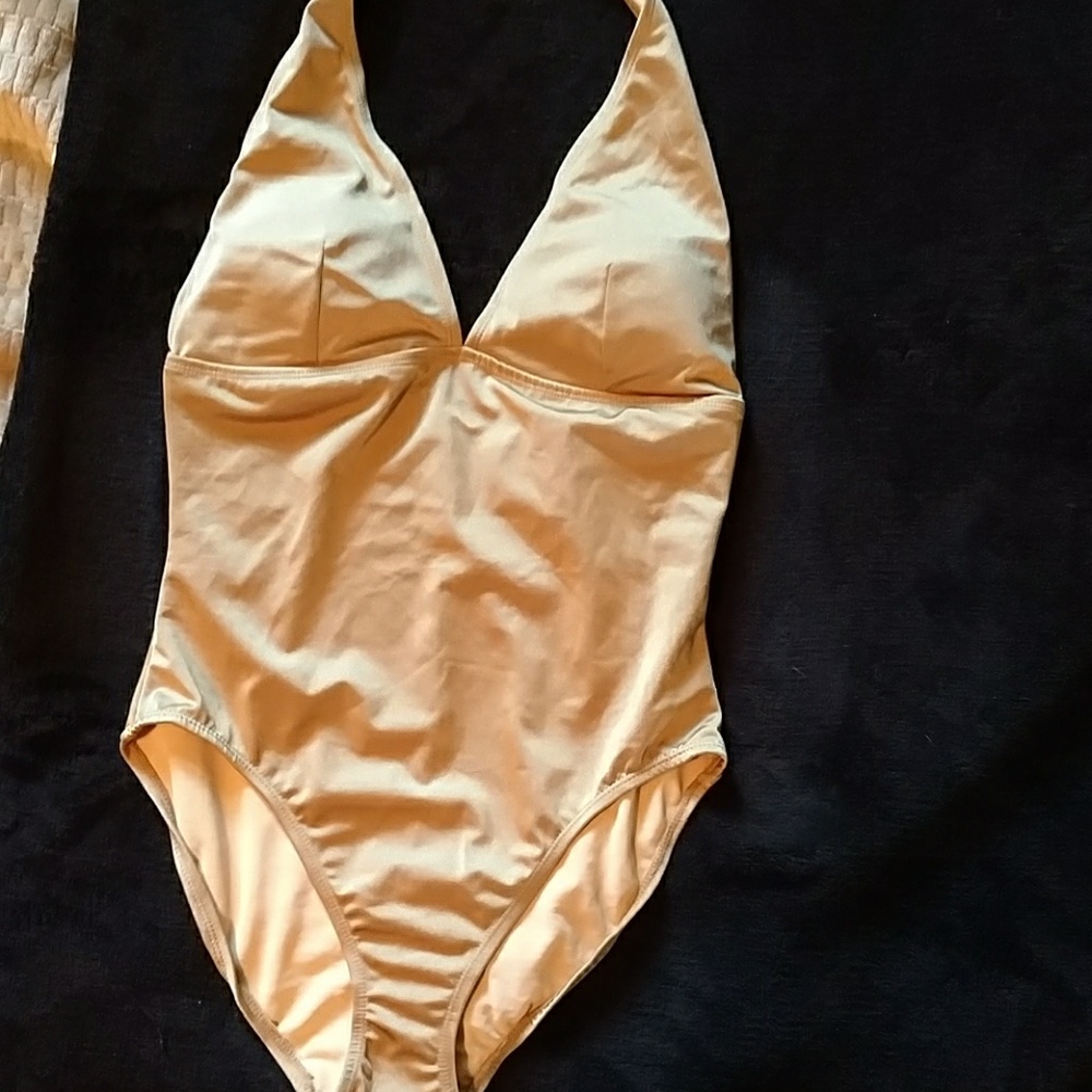 Gold onepiece plunge halter swim suit