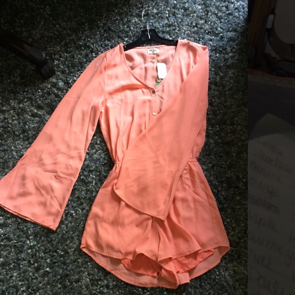 New, coral long bell sleeve shirts romper