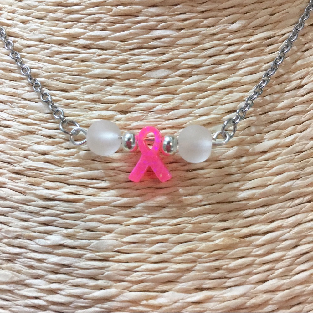 Pink Cancer Opal Bow Necklace