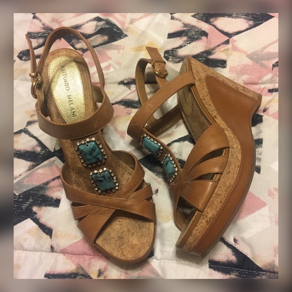 Gianni Bini turquoise rhinestone wedge sandals 9 - Picture 1 of 4