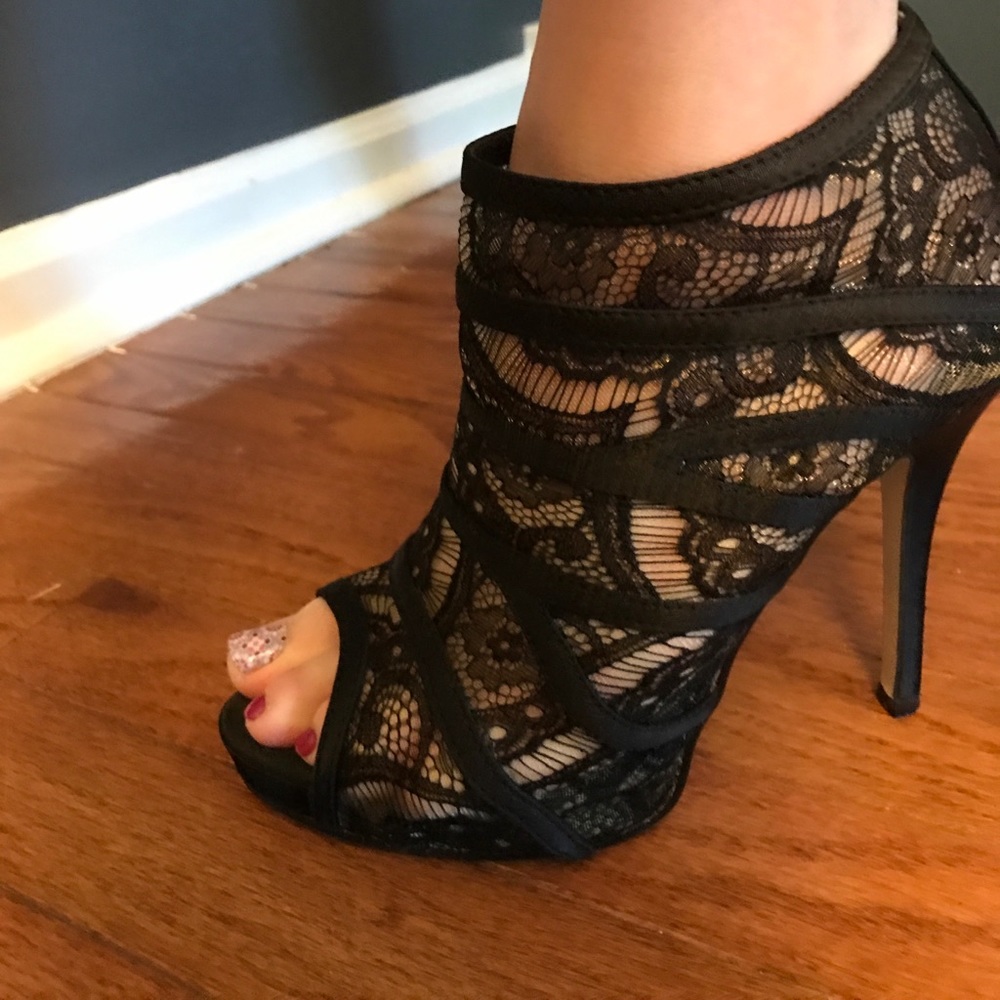 Black lace ankle heels
