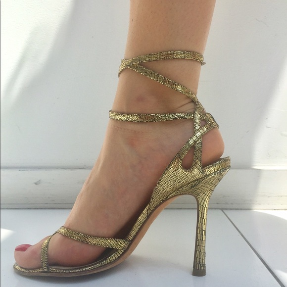 Jimmy Choo Gold Open Toe Strappy Heels - Picture 3 of 3