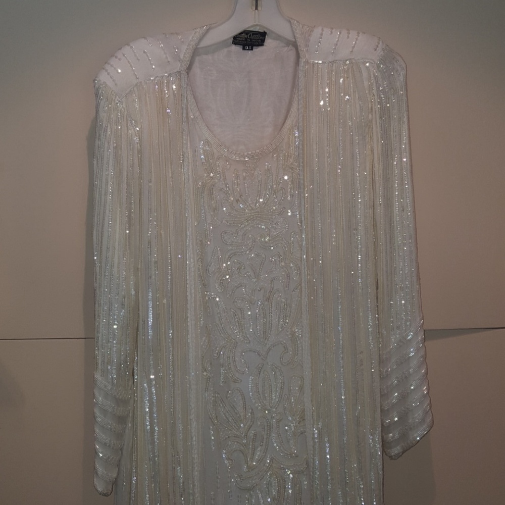 WINTER WHITE SEQUIN AND BUGLEBEAD GOWN