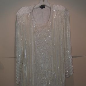 WINTER WHITE SEQUIN AND BUGLEBEAD GOWN