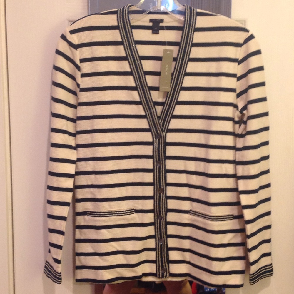 Metallic-Trimmed Striped Cardigan Sweater