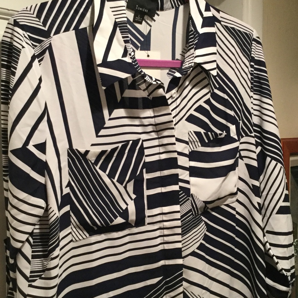 Navy with white geometric blouse