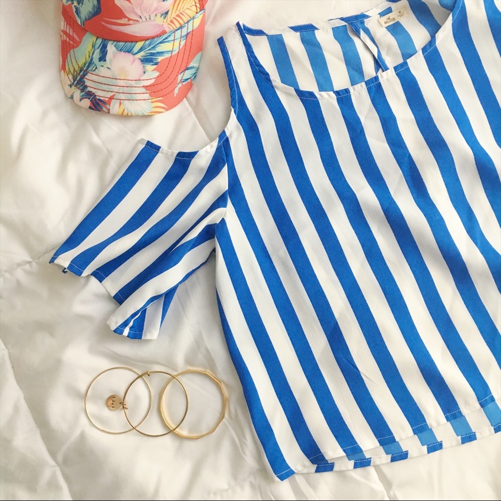 Blue striped cold shoulder crop top