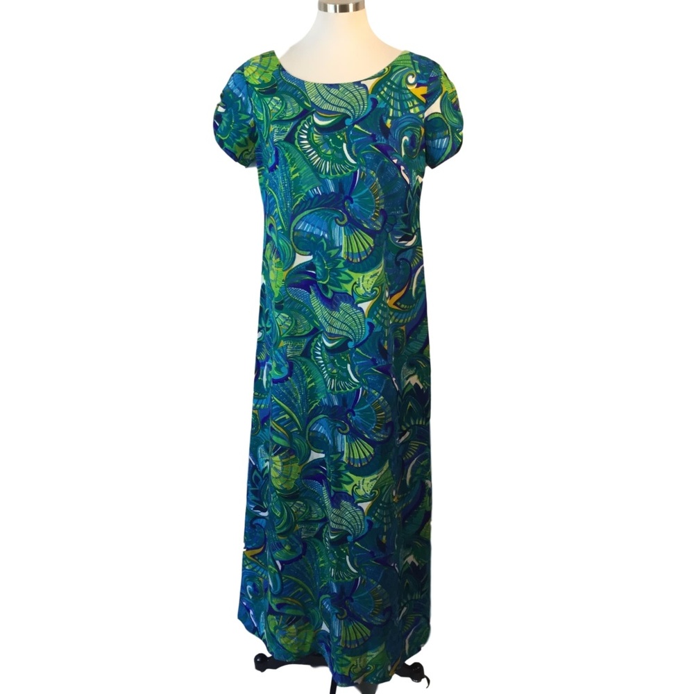 60s Kahala Aloha Maxi Dress Mod Blue Green Swirl M