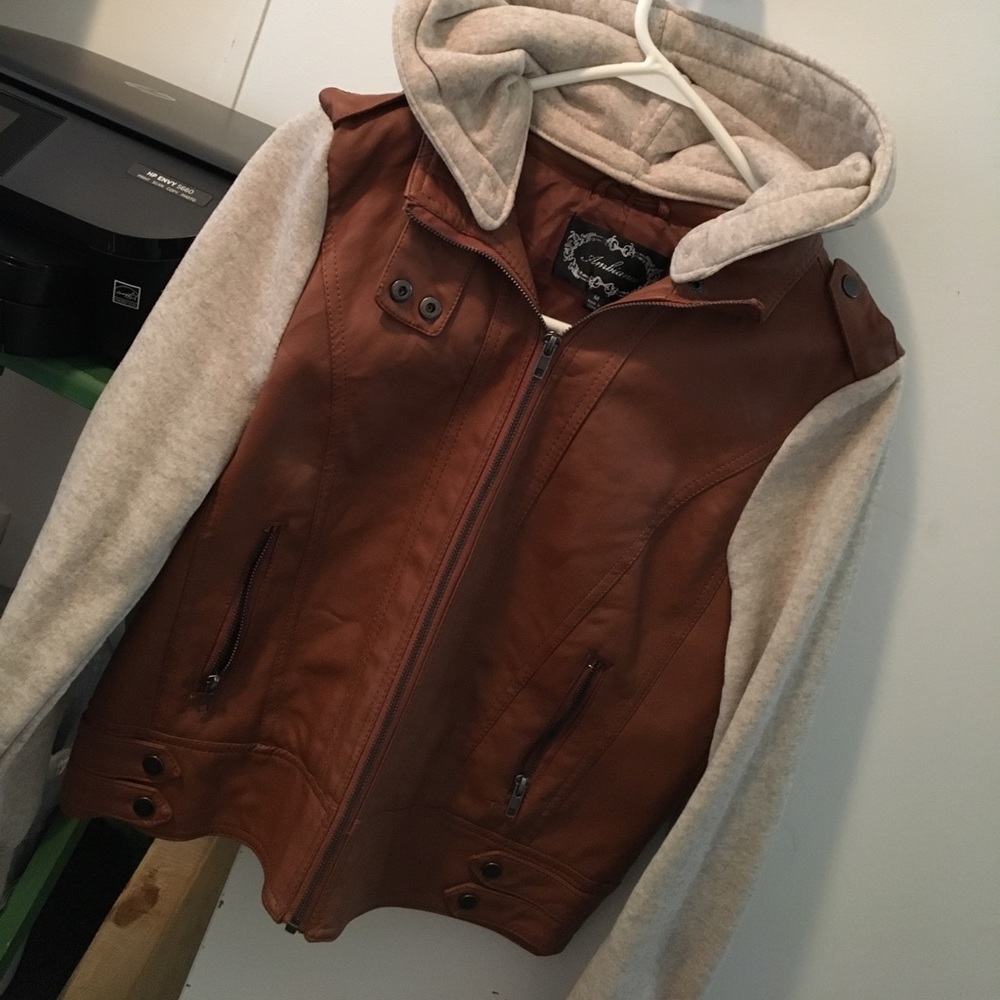 Leather jacket with sleeves and hood