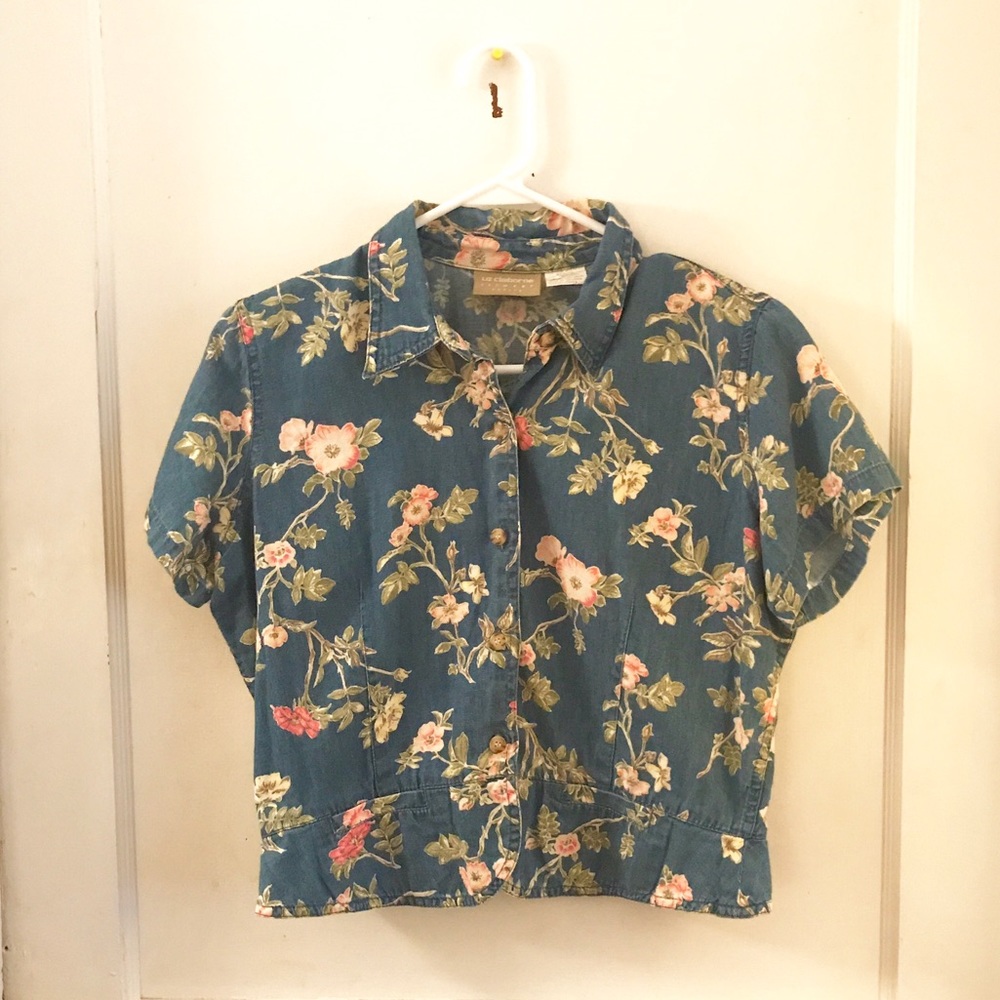 Vintage Hawaiian Floral Print Denim Crop Top
