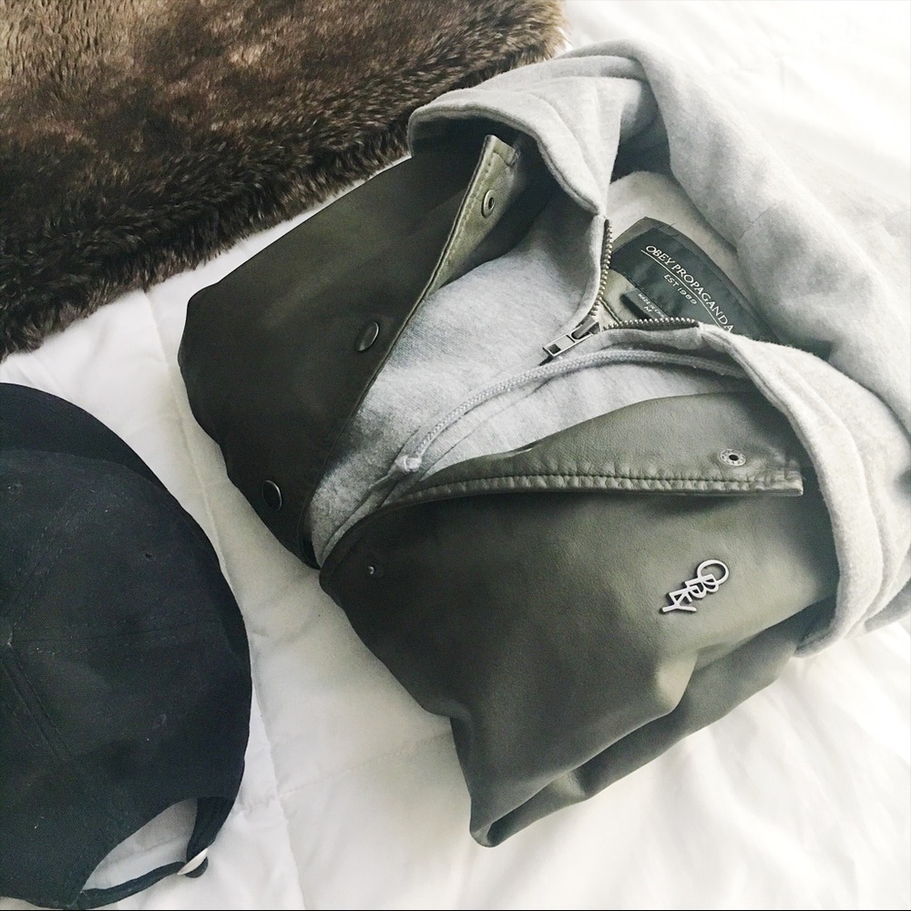 Obey faux leather sweatshirt lined bomber jacket