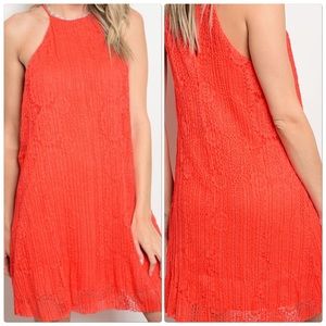 Coral Round Neckline Sleeveless Lace Mini Dress
