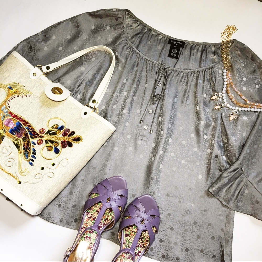 🆑 Nine West Satin Polka Dot Draw String Blouse