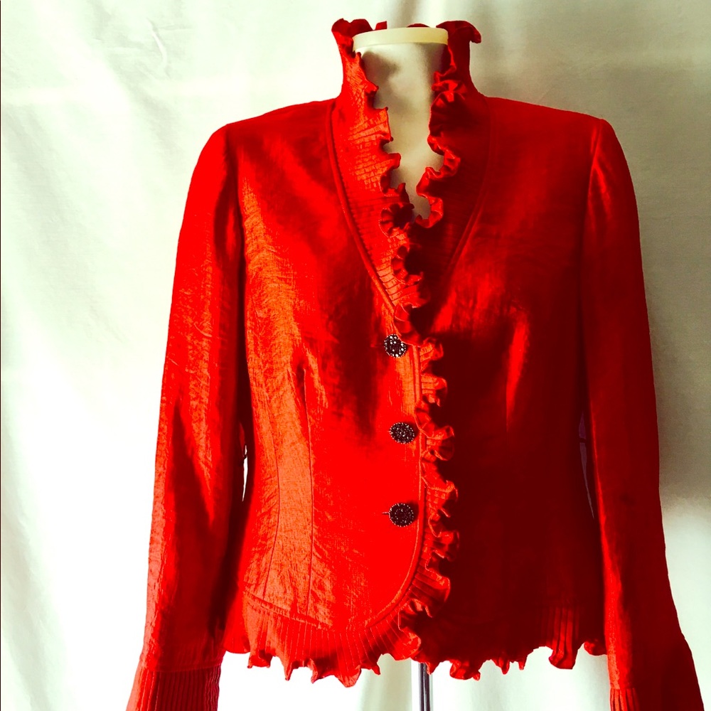 Red Taffeta Ruffled Formal Cocktail Top Blouse.