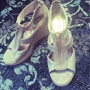 Worn twice gold Michael Kors caged wedge sandals