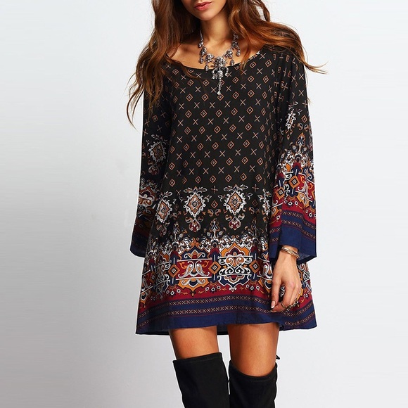 ✨ Boho Floral Mixed Print Loose Mini Dress - Picture 3 of 4