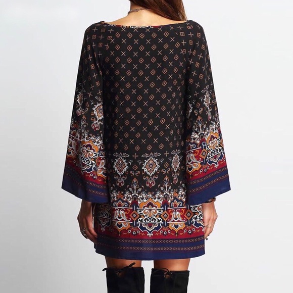 ✨ Boho Floral Mixed Print Loose Mini Dress - Picture 2 of 4