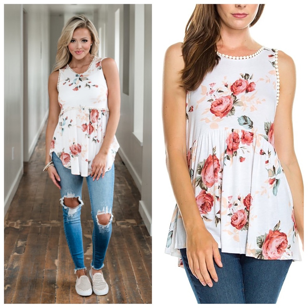 Ivory floral ruffle detail sleeveless tank top - Picture 5 of 5