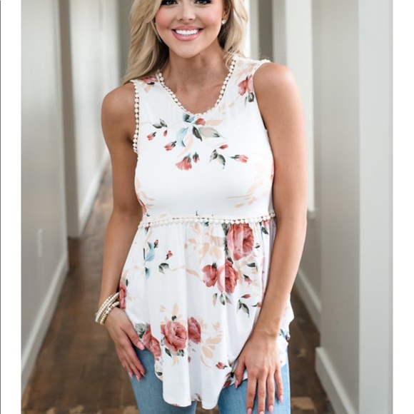Tops - Ivory floral ruffle detail sleeveless tank top