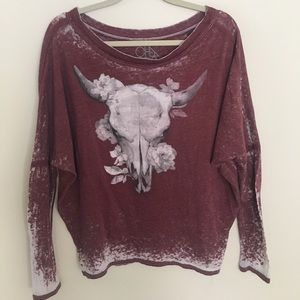 Chaser bull and rose long sleeve maroon top